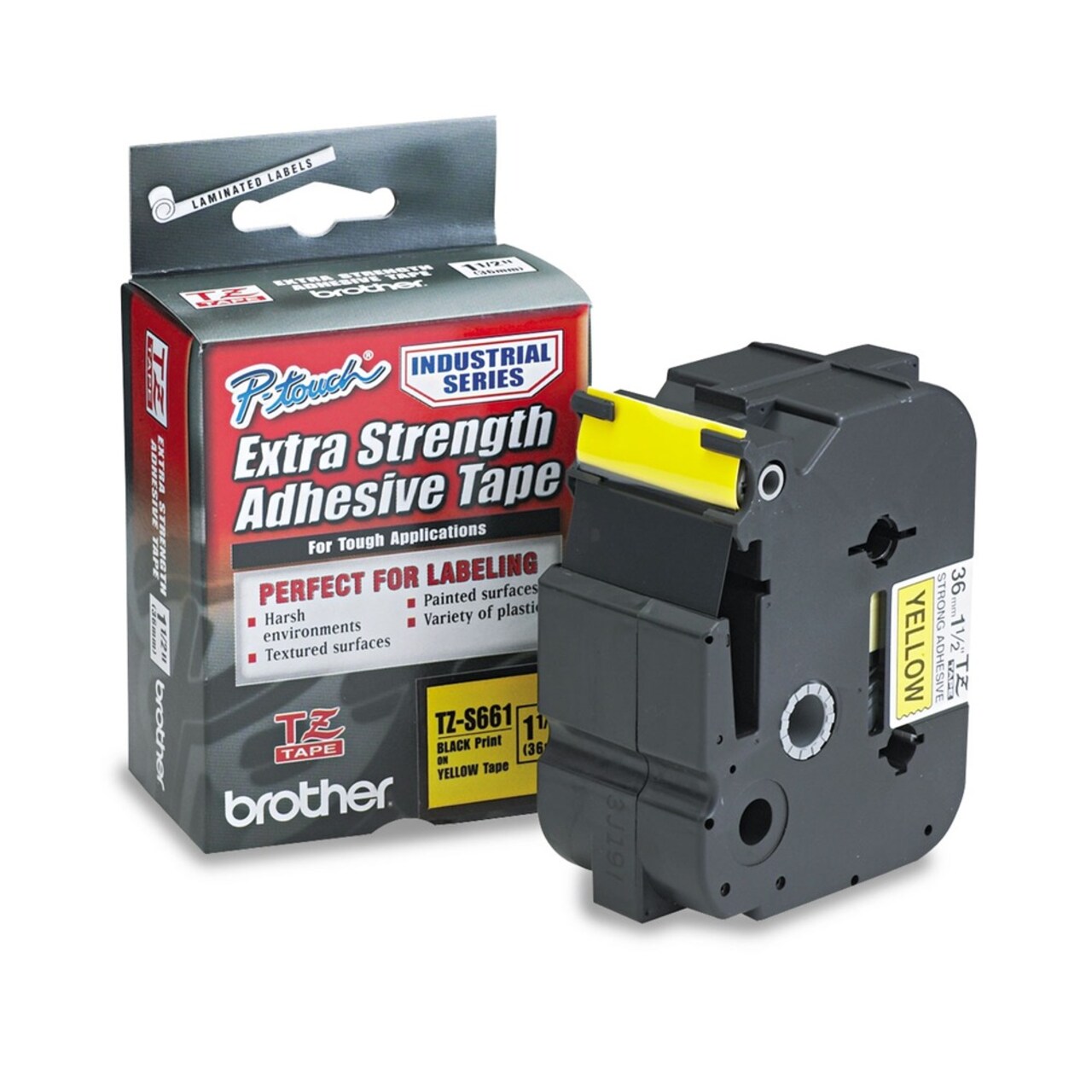 Brother P-Touch 1.4 in. x 26.2 ft. TZ Extra-Strength Adhesive Laminated Labeling Tape - Black on Yellow